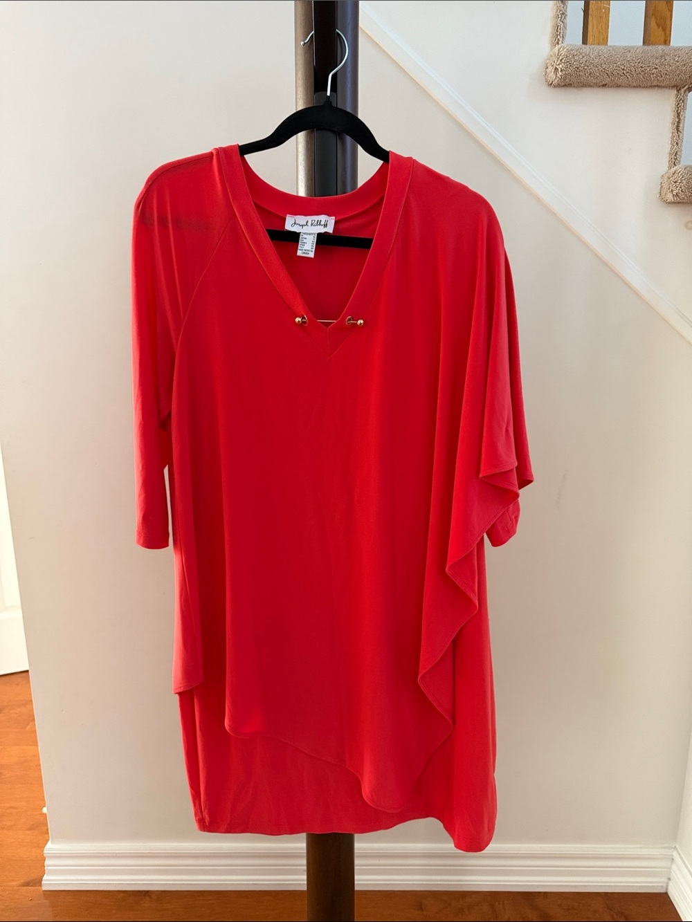 Joseph Ribkoff Coral/ Red V-Neck Draped Sleeve Dress